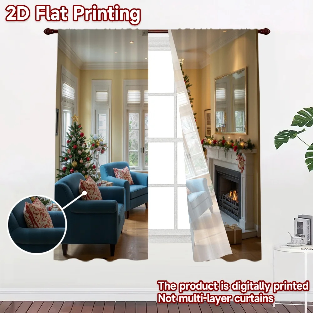 2D flat 2pcs Curtain Retro Country Style Christmas Living Room Tree Durable polyester fiber Festive Holiday Use for New Year and