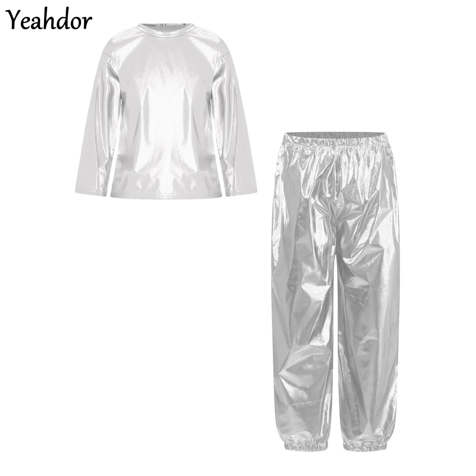 

Girls Hip Hop Jazz Dance Outfit Long Sleeve Metallic Shiny T-shirt Top with Pants Set Modern Stage Performance Street Dancewear