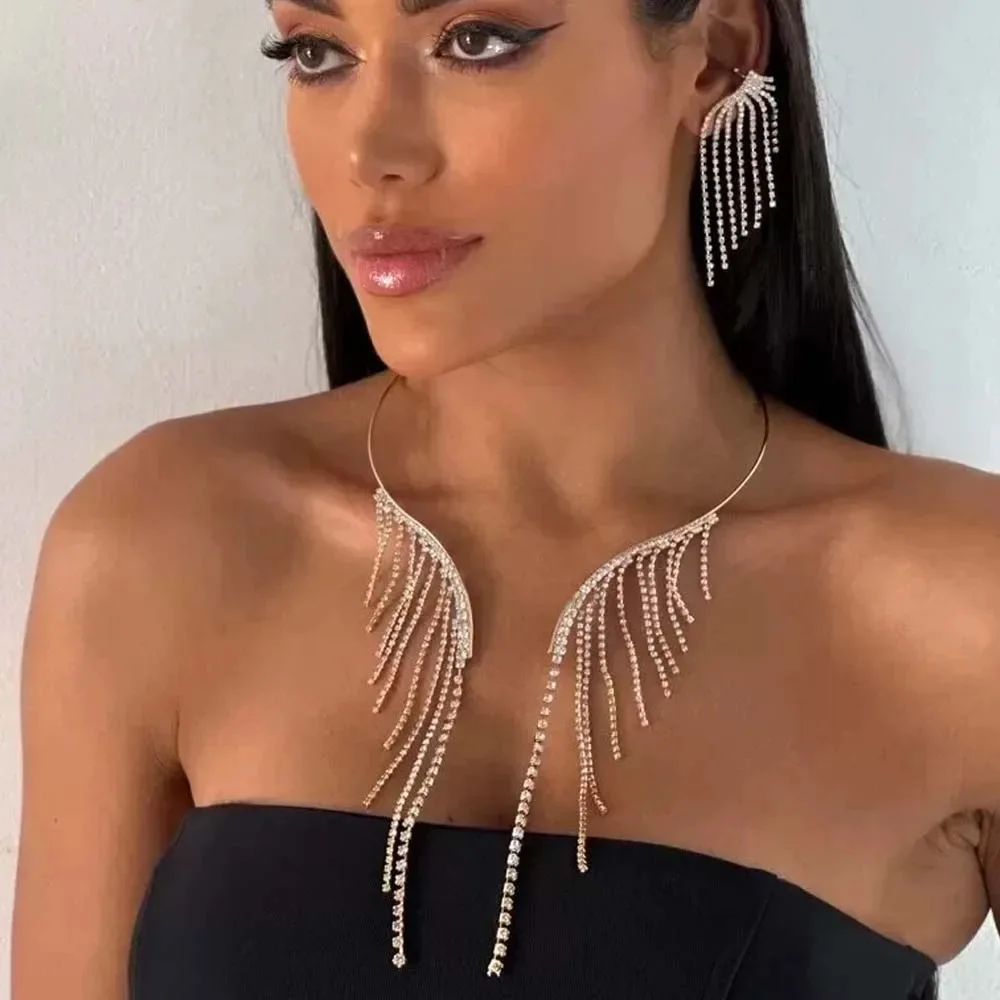 

Fashion Rhinestone Tassel Necklace Earrring Set Brides Bridemaid Prom 3pcs Jewelry Sets Costume Gift Accessories Butterfly Chain
