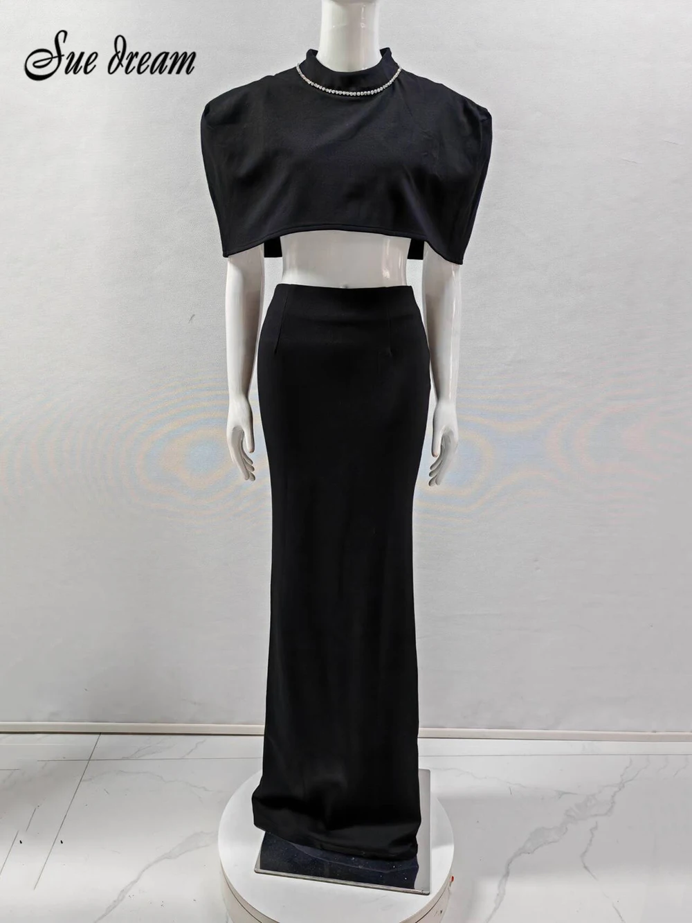 2024 New Women's Sexy Black Diamond Open Waist Short Top Cover Up Long Skirt Two piece Bodycon Celebrity Party Set