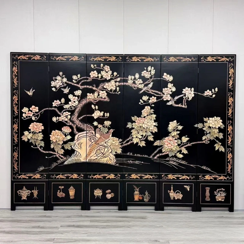 High-end black hand-painted flower and bird screen partition luxury entrance European and American style living room decoration