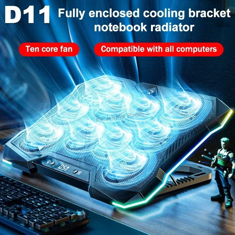 D11 Gaming Laptop Cooler Base 10 Fans Foldable Adjustable Notebook Stand Heat Dissipation Holder for 12-18'' Cooling Pad Bracket