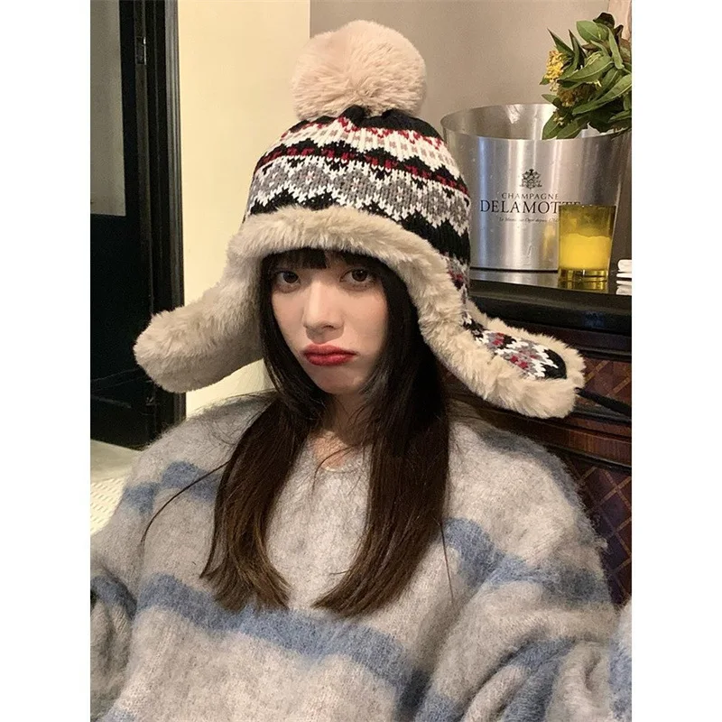 Winter Warm Plush Cotton Thickened Women\'s Lei Feng Hat Retro Versatile Ear Protection Cycling Work Cold Proof Ski Cap