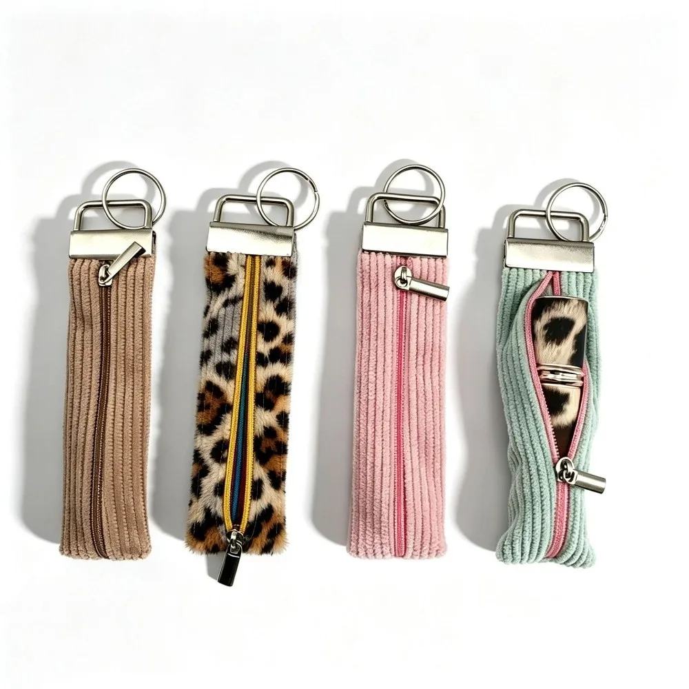 Portable Leopard-print Storage Pouch Corduroy with Hanging Ring Coin Purse Mini Zipper Travel Key Case