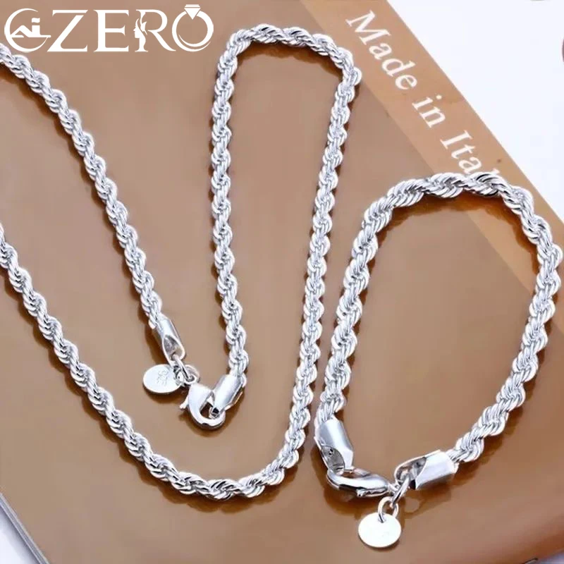 

high quality 925 silver 4MM women men chain male twisted rope necklace bracelets fashion Silver jewelry Set