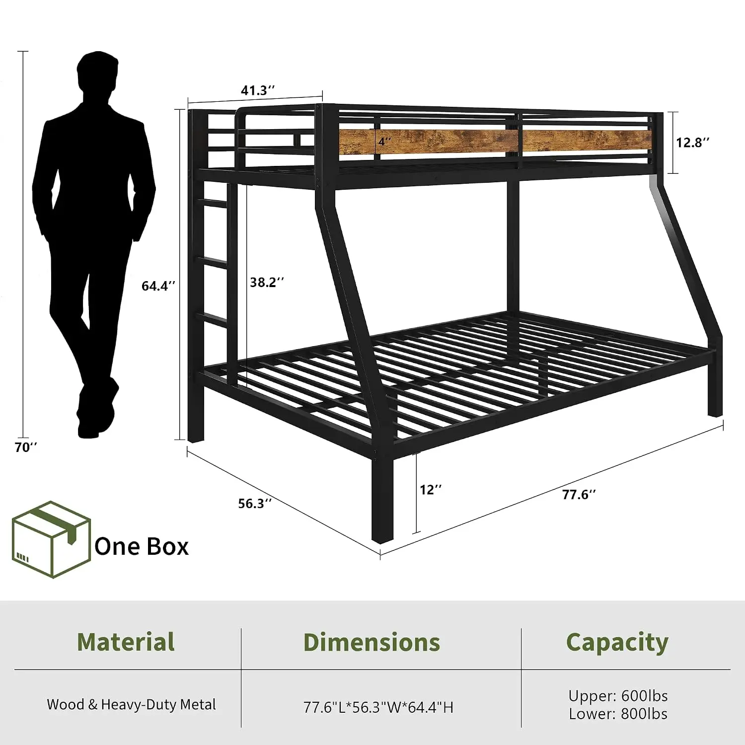 Heavy Duty Twin Over Full Bunk Beds, Metal Twin Bunk Bed Frame with 12.8