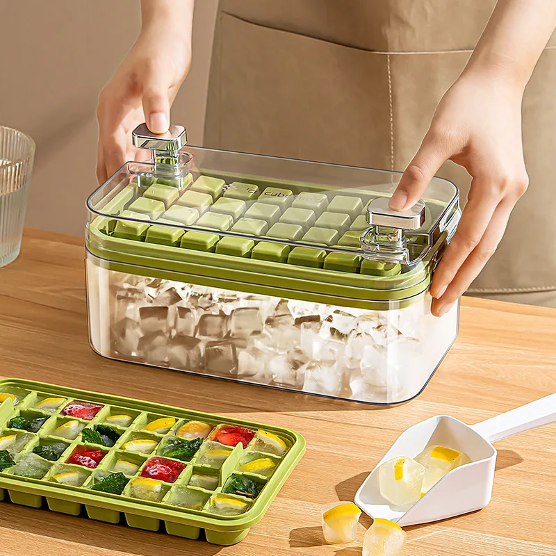 

Ice Cube Tray Container with Lid Scoop and Bin, Plastic 32(4*8) Ice Trays, Bpa-free, Freezer, Chilling Drinks, Whiskey&Cocktails