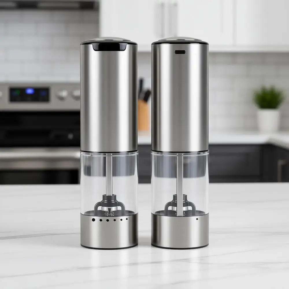 

Rechargeable Electric Salt & Pepper Grinder Set - Adjustable Coarsen, Large Capacity, Dual-Speed, One-Hand, LED, Stainless Steel