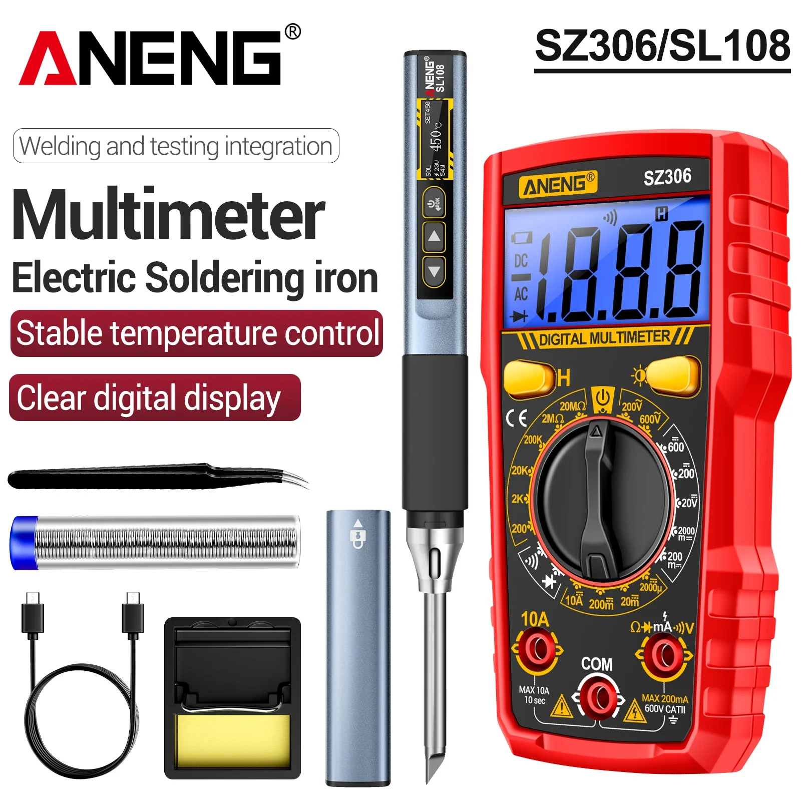 ANENG SL108 temperature adjustable soldering iron+SZ306 digital multimeter voltage current resistor NCV maintenance combination