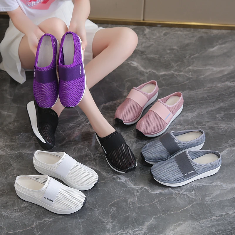 

Женские прогулочные сандалии без шнуровки, новинка 2025 года, повседневная обувь с дышащей сеткой, дышащая вязаная обувь с поддержкой свода стопы, утолщенная мягкая подошва