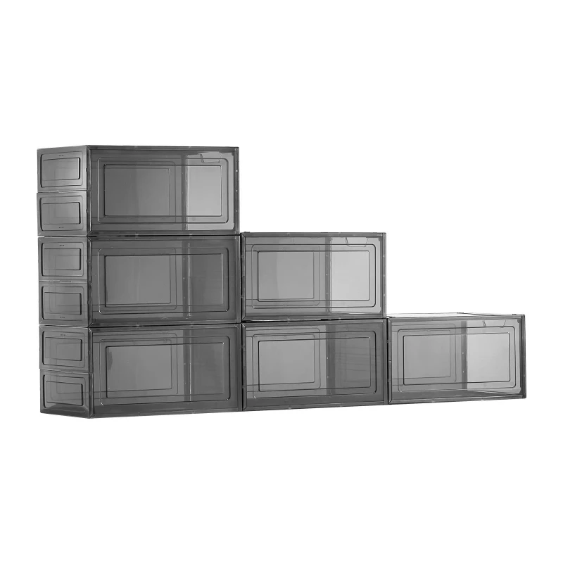 Stackable shoe cabinet storage box, transparent black plastic 6-piece pack, US size 13 household storage box.