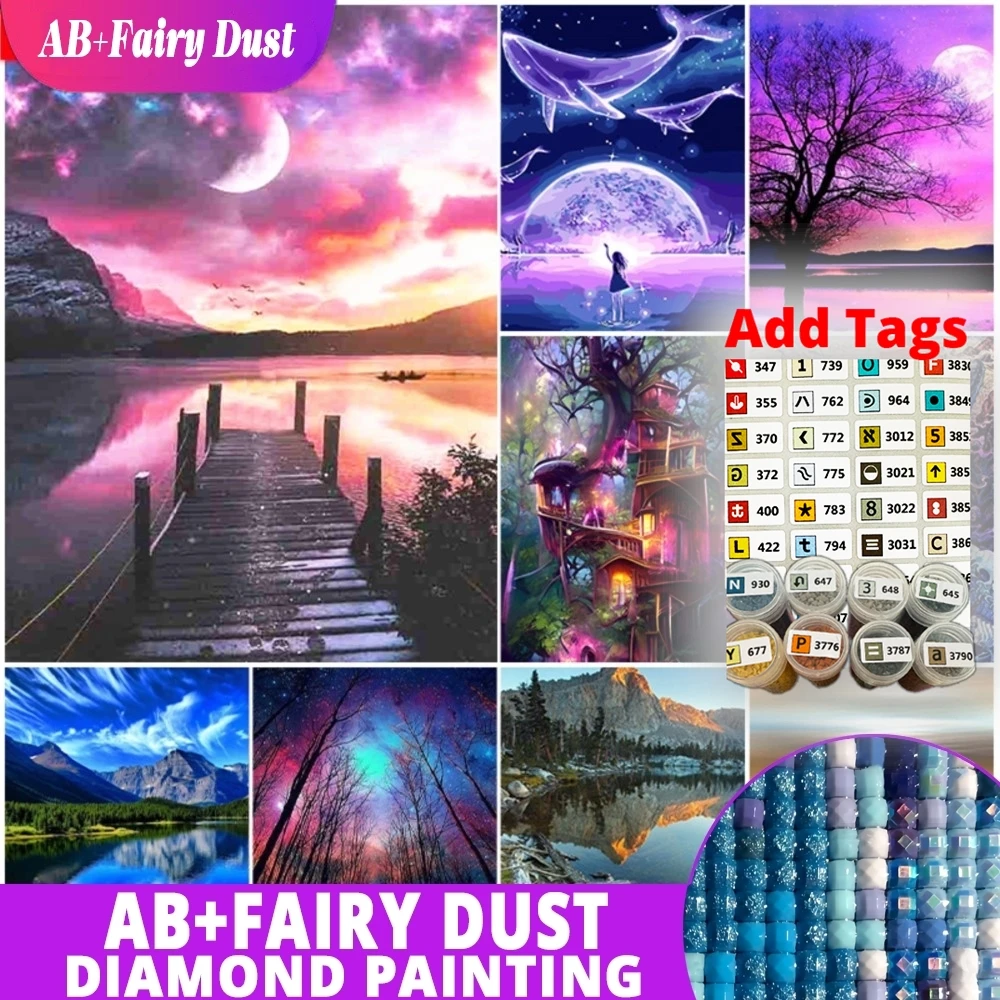 

Fairy Dust AB Comes with DMC stickers Diamond Painting Sunset Ocean Landscape Circle Diamond Moon Tree Picture DIY 5D Mosaic Emb