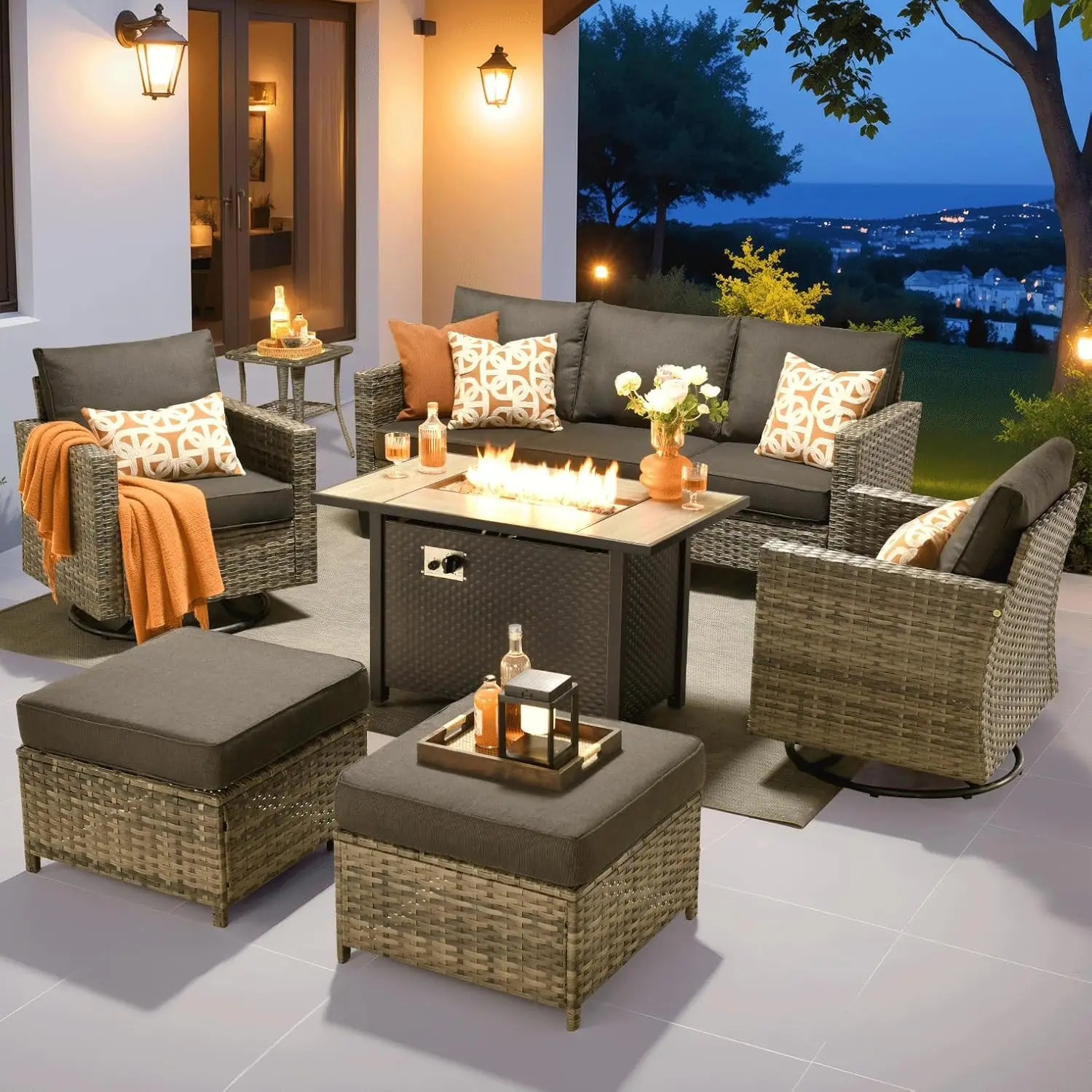 

7 Pieces Patio Furniture Set with 42" Fire Pit Table, Outdoor Wicker Sofa with Swivel Chairs, All Weather High Back, Customized