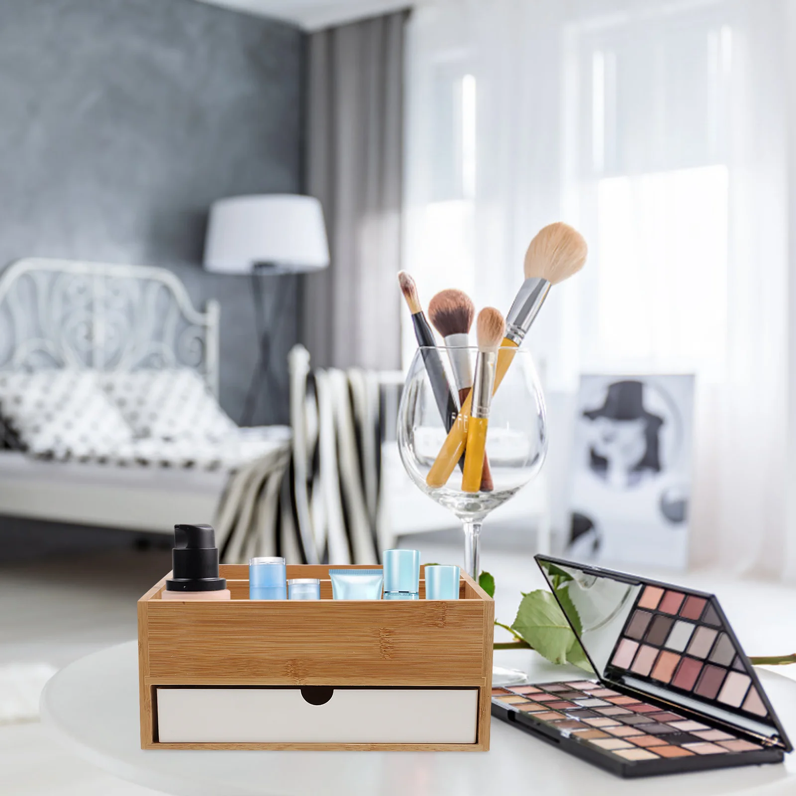 

Bamboo Desk Organizer with Drawer Classic Box for Office Craftsman Makeup Vanity Storage Desktop Organizer