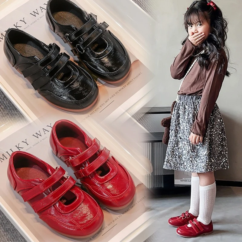 

Обувь для выступлений для девочек, осенние новые балетки в стиле ретро для девочек, модные противоскользящие детские туфли в британском стиле на мягкой подошве для девочек