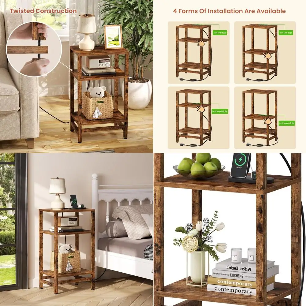 

3-Tier Charging End Table with USB & Type-C Ports for Compact Spaces in Living Rooms, Bedrooms, and Offices