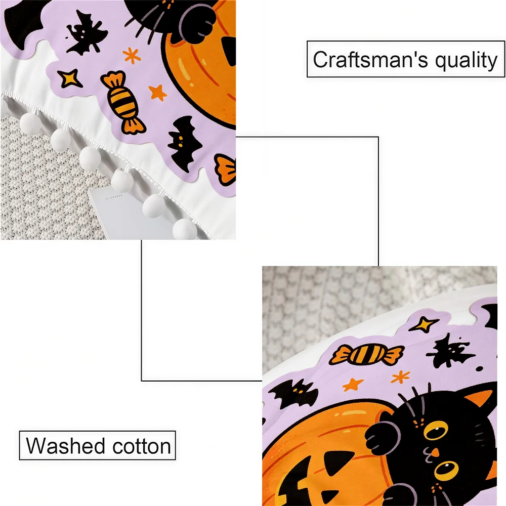 1PC Cute Black Cat Pumpkin Print Pillow Cover Pom Pom Edge White Halloween Cartoon Sofa Couch Bedroom Kids Room Home Decor Gift