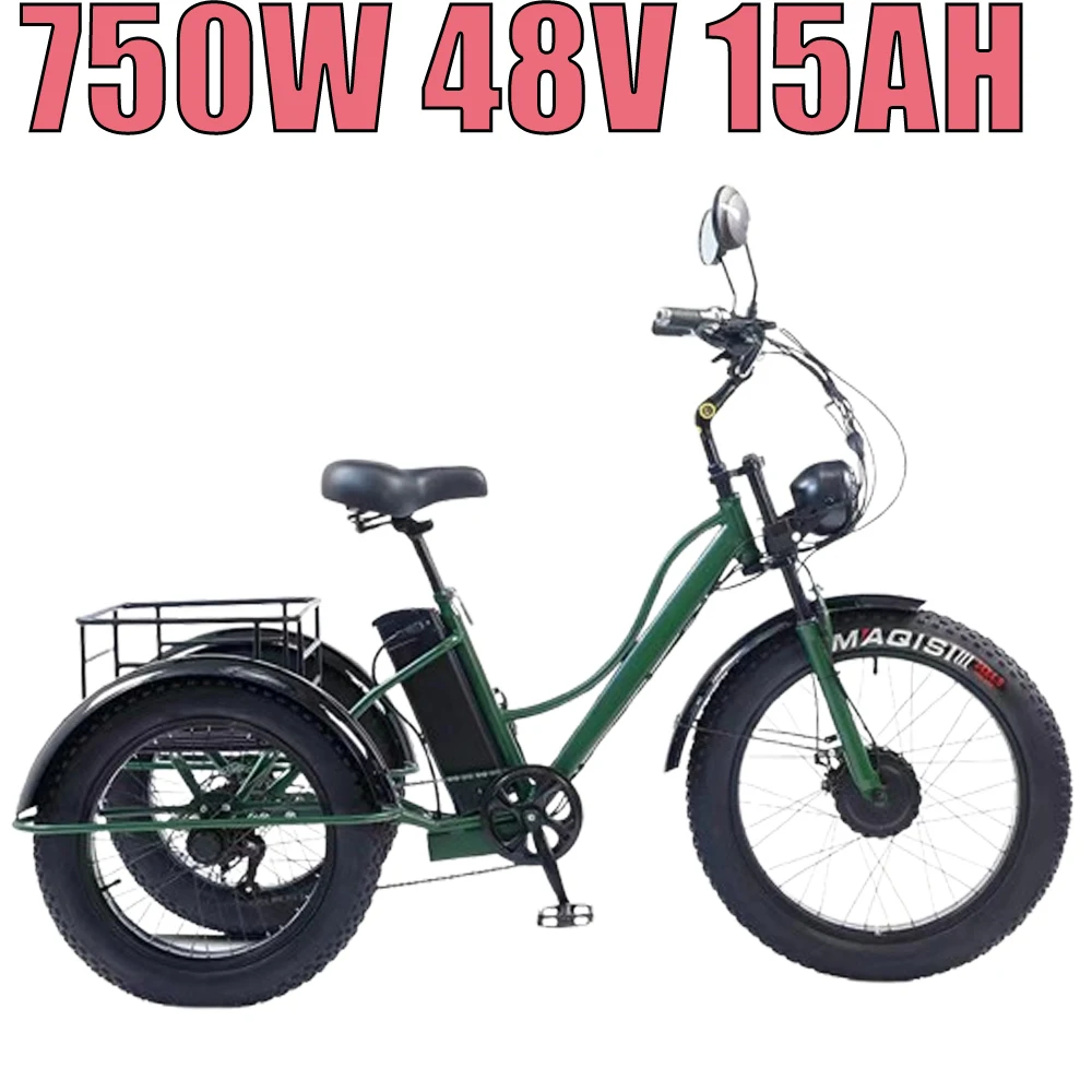 Electric Tricyle 750W48V15AH Mobile Lithium Battery Adult Bicycle 24Inch Fat Tires 3Wheel Mountain Off-road Electric Cargo Bike