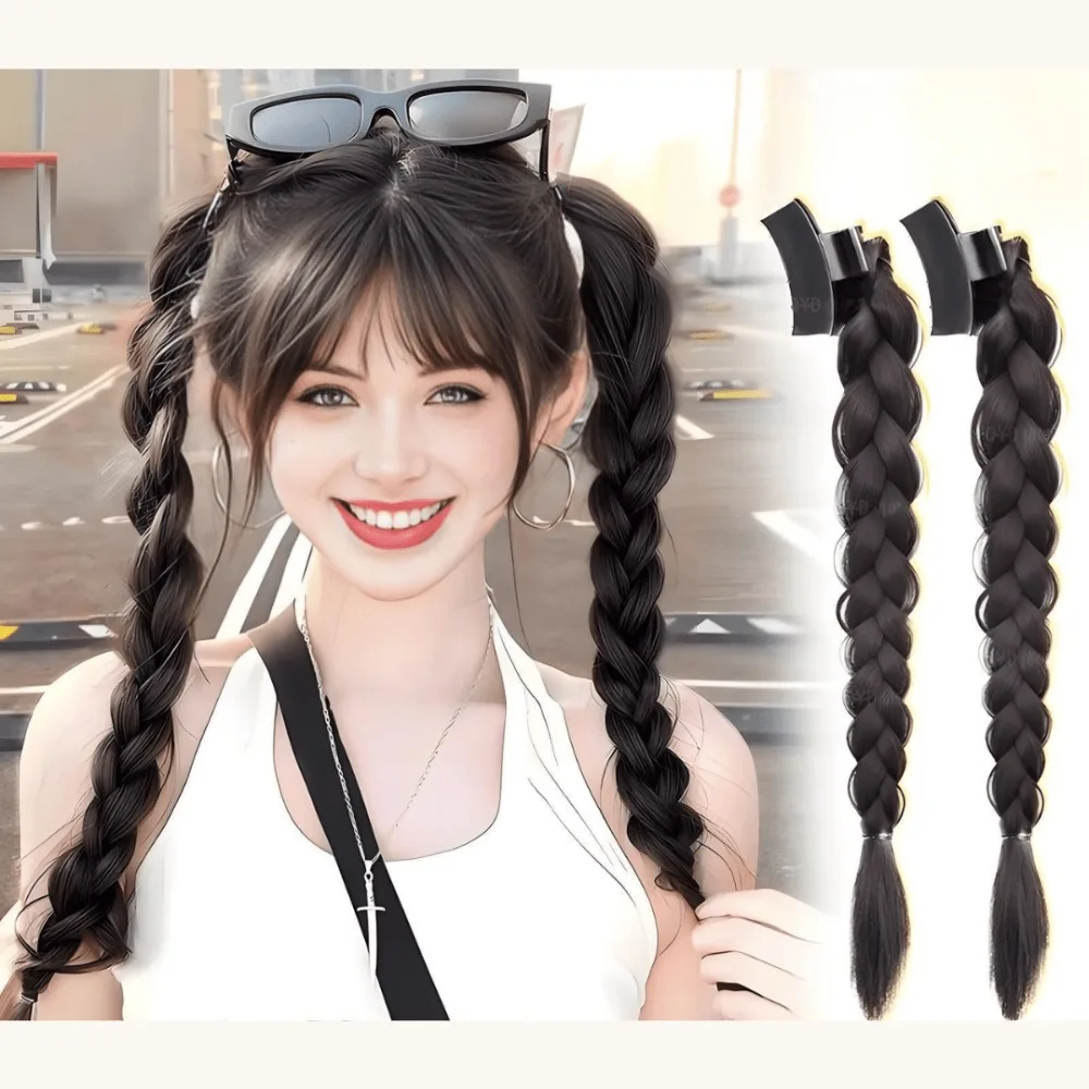 Long Braided Ponytail Hair Extensions for Women 2Pcs, Synthetic Clip in Hairpiece Natural Y2K Style for Daily Party Volume Lengt