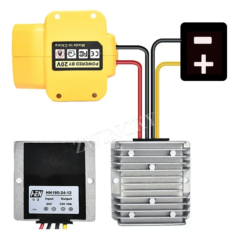 Step Down DC 18V to 12V 15A 180W Voltage Regulator Converter Power Wheel Adapter Buck Boost For Dewalt 18V 20V Li-ion Battery