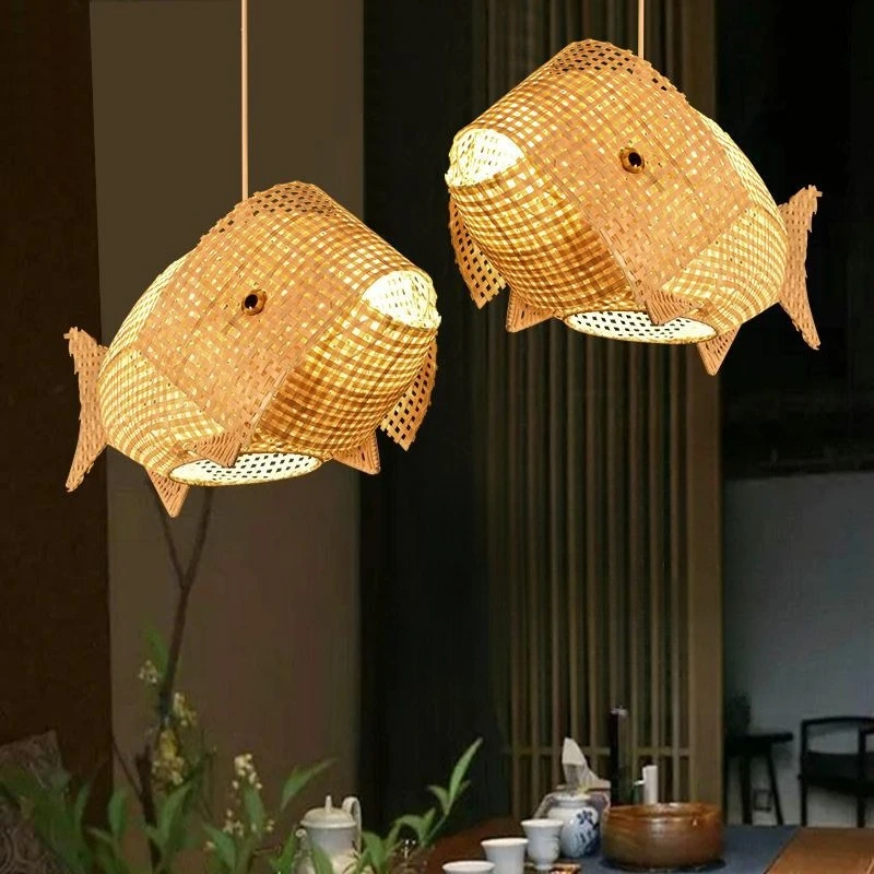 

Bamboo rattan Fish chandelier carp lighting creative personality teahouse cooking restaurant room decor pendant lights nordic