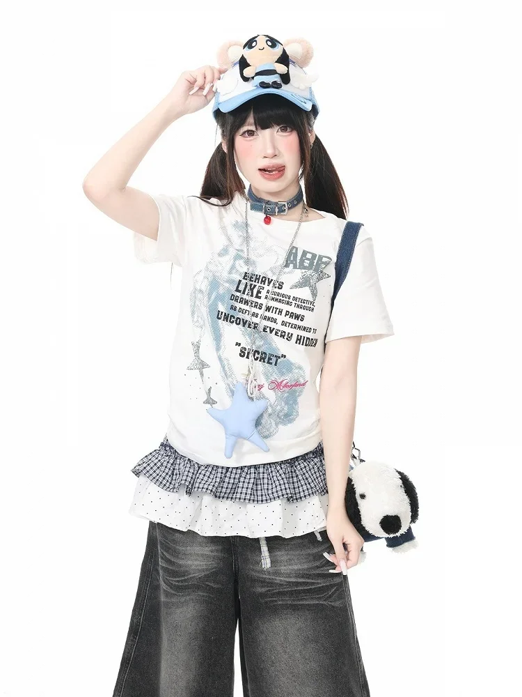 2027 Special Offer Y2K Girls' Retro Vintage Printed T-shirt Loose Sleeve Star Letter Printed Millennium Street Trend Top