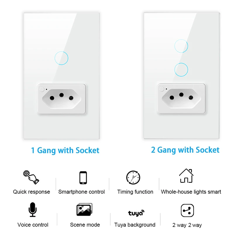 Avoir Tuya Touch Light Switch White Smart Wall Switch With Brazil Standard Power Socket Voice Control Support Alexa Google Home