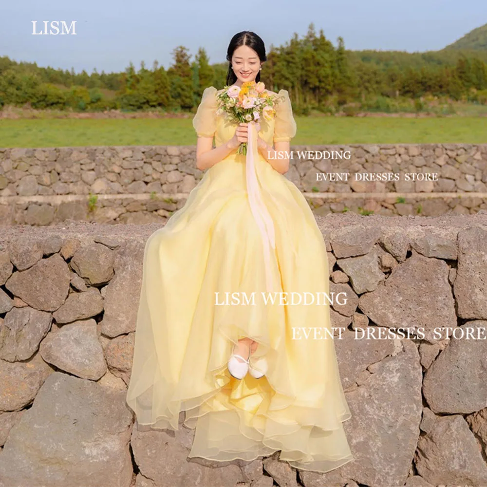 Lism amarelo organza coreia vestidos de festa de casamento quadrado personalizado uma linha puff curto sem mangas corda vestido de noite sessão de