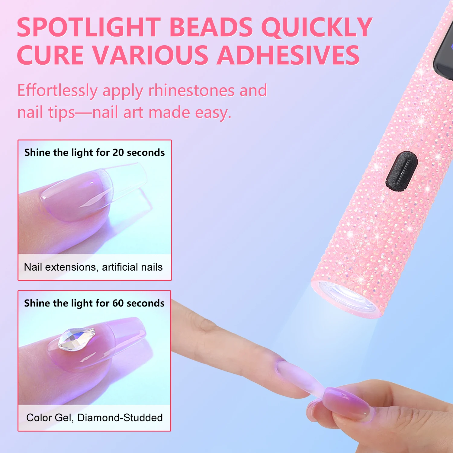 يمكن اختيار مصباح الأظافر المحمول باليد الماسي الكريستالي، توقيت 20 ثانية و60 ثانية لتجفيف طلاء الأظافر بسرعة.