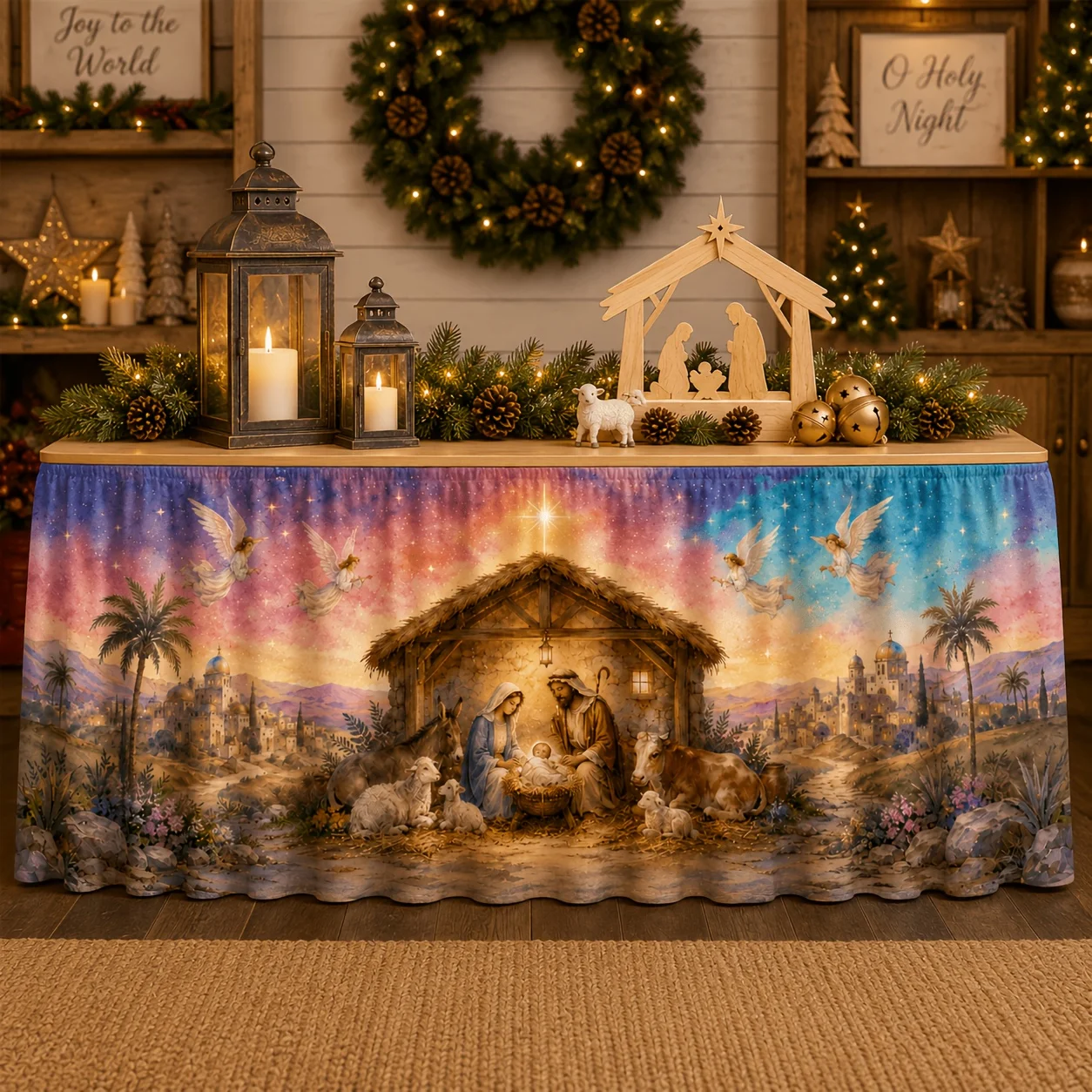 Tablecloth Table Skirt 1 piece, Polyester Watercolor Christmas Scene Christmas Tree, Holy Family Angel Sheep Donkey Cow