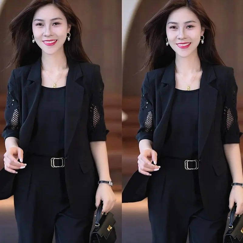 2023 Autumn New Vintage Hollow Short Sleeve Jacket with Tank Top Casual Pants Three Piece Elegant Women's Pants Suit Office Set