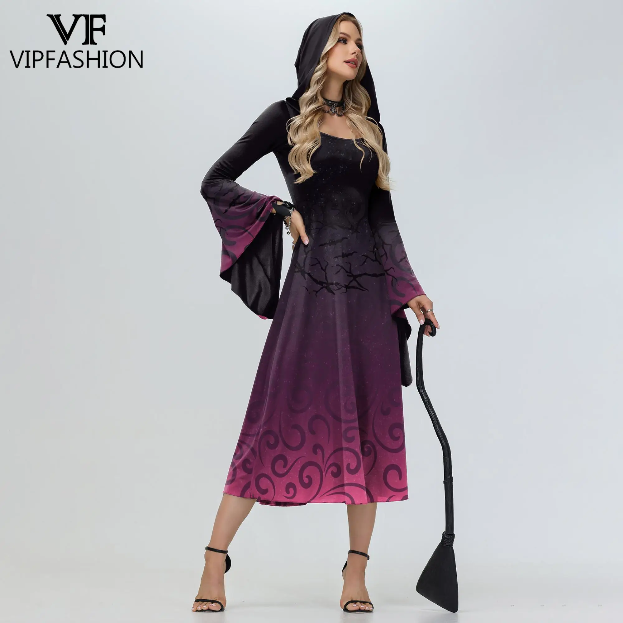 VIP FASHION Gothic Witch Hood Costume nero viola Gradient Bell Sleeves Dress Girls Halloween Suit Cosplay Outfit Party Clothes