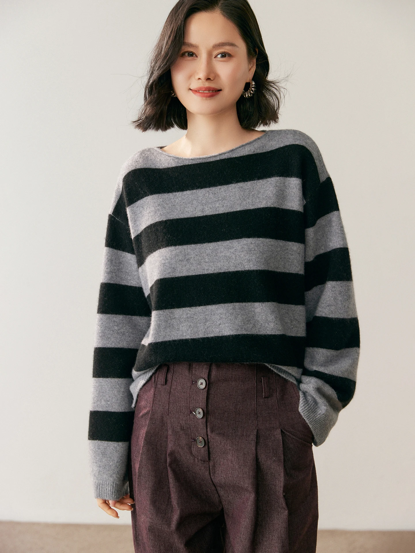 TLOML Damska odzież dzianinowa ze 100% kaszmiru, sweter z okrągłym dekoltem, luźny, w paski, na jesień i zimę, gruby, ciepły, luźny krój, wygodne topy