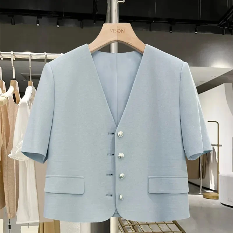 

LIBIELIY Thin Temperament Small Suit Jacket Female Short 2025 Summer New Simple Ladies V-neck Casual Women Blazer Tops