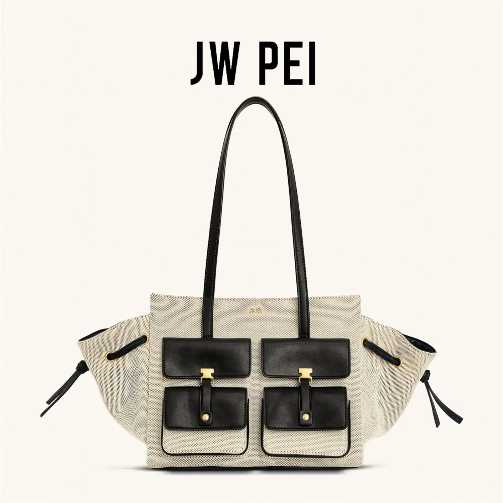 

JW Pei New Canvas Black Motorcycle Style Tote Bag Women's Large Capacity Crossbody Purse for Commuters Underarm Shoulder Handbag