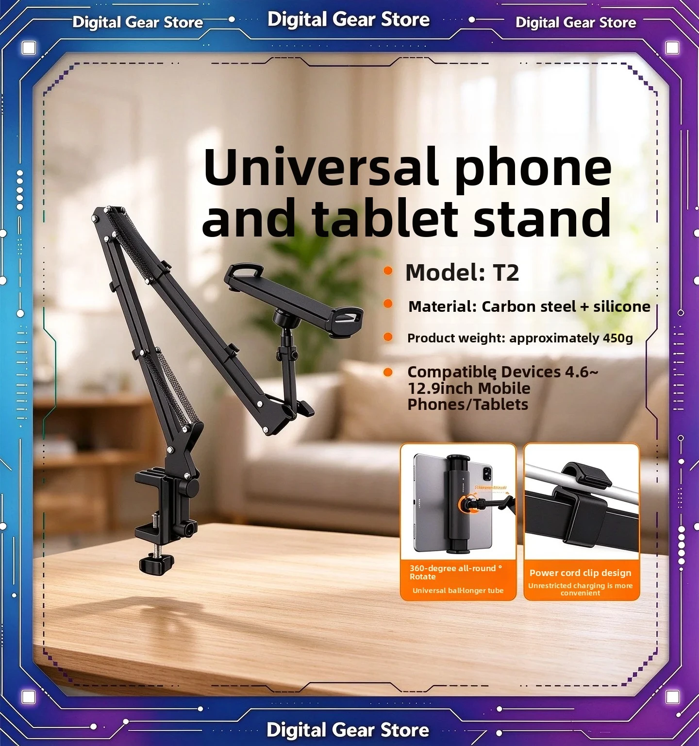 T2 Metal Long Arm Tablet Stand 360° Rotation Lazy Holder 4.6-12.9 Inch Tablet Smartphone Bracket Desktop Bed Microphone Boom Arm