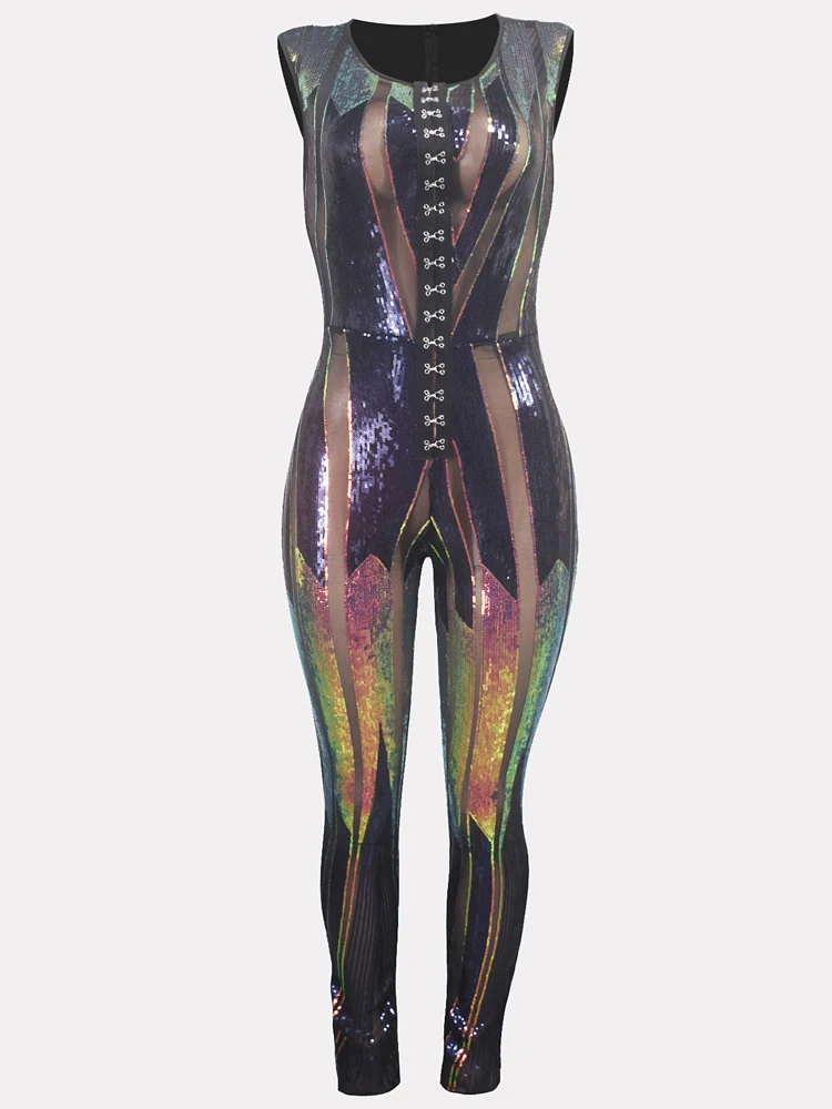 Sexy Women's Hollowed Out Sequins Transparent Black Summer Fashion Jumpsuit Women's Elegant Nightclub Tight Jumpsuit Clubwear