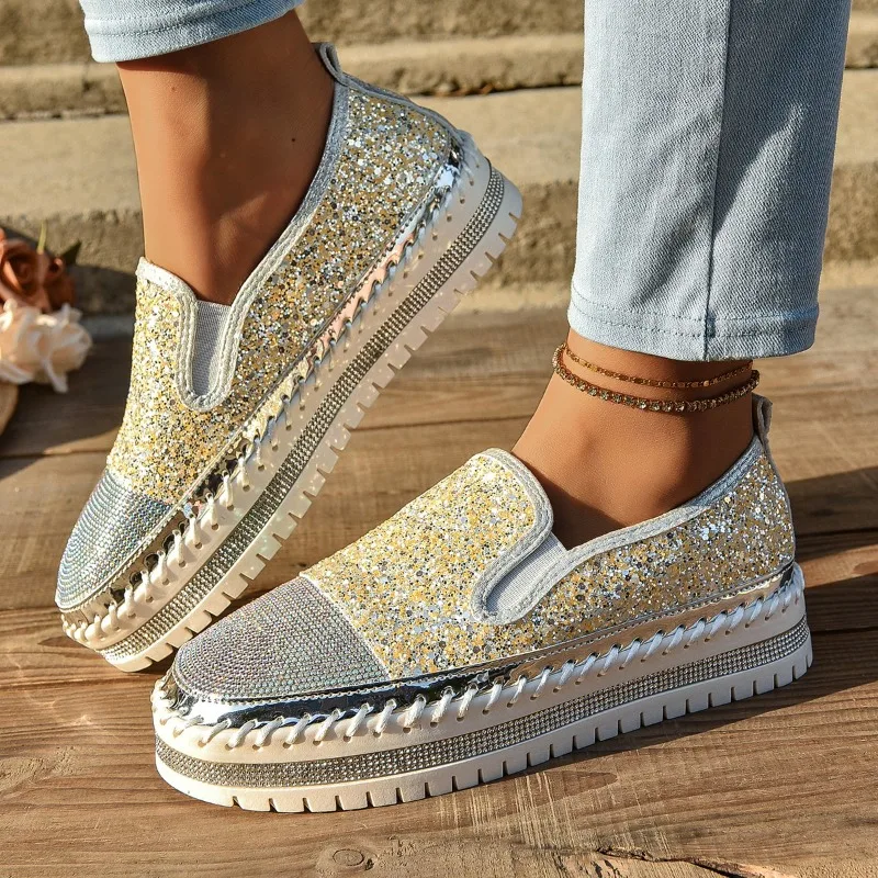 Women Sequins Sneakers Fashion Lace Up Platform Loafers Platform Anti-slip Casual Comfortable Sneakers Women Zapatos De Mujer