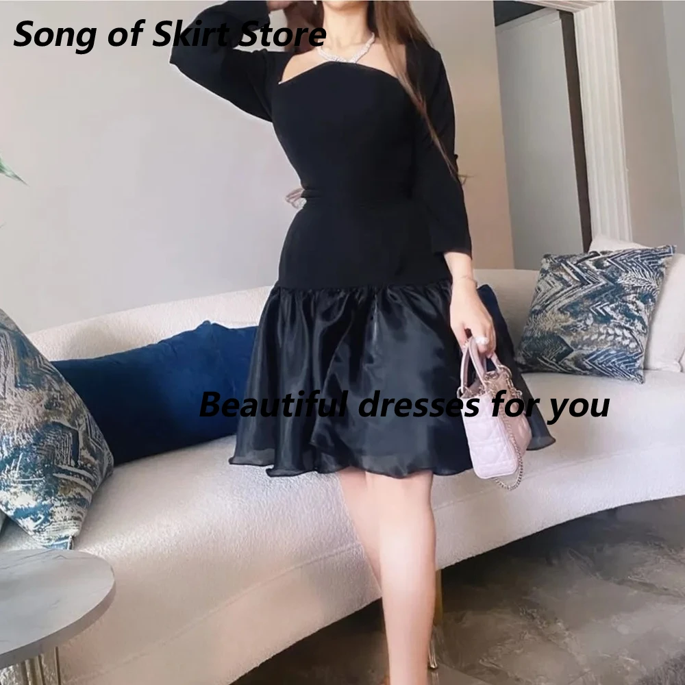 

Short Black Prom Dresses Customized Square Neck Long Sleeve Ruffles A-Line Knee Length Mini Cocktail Party Dress for Woman