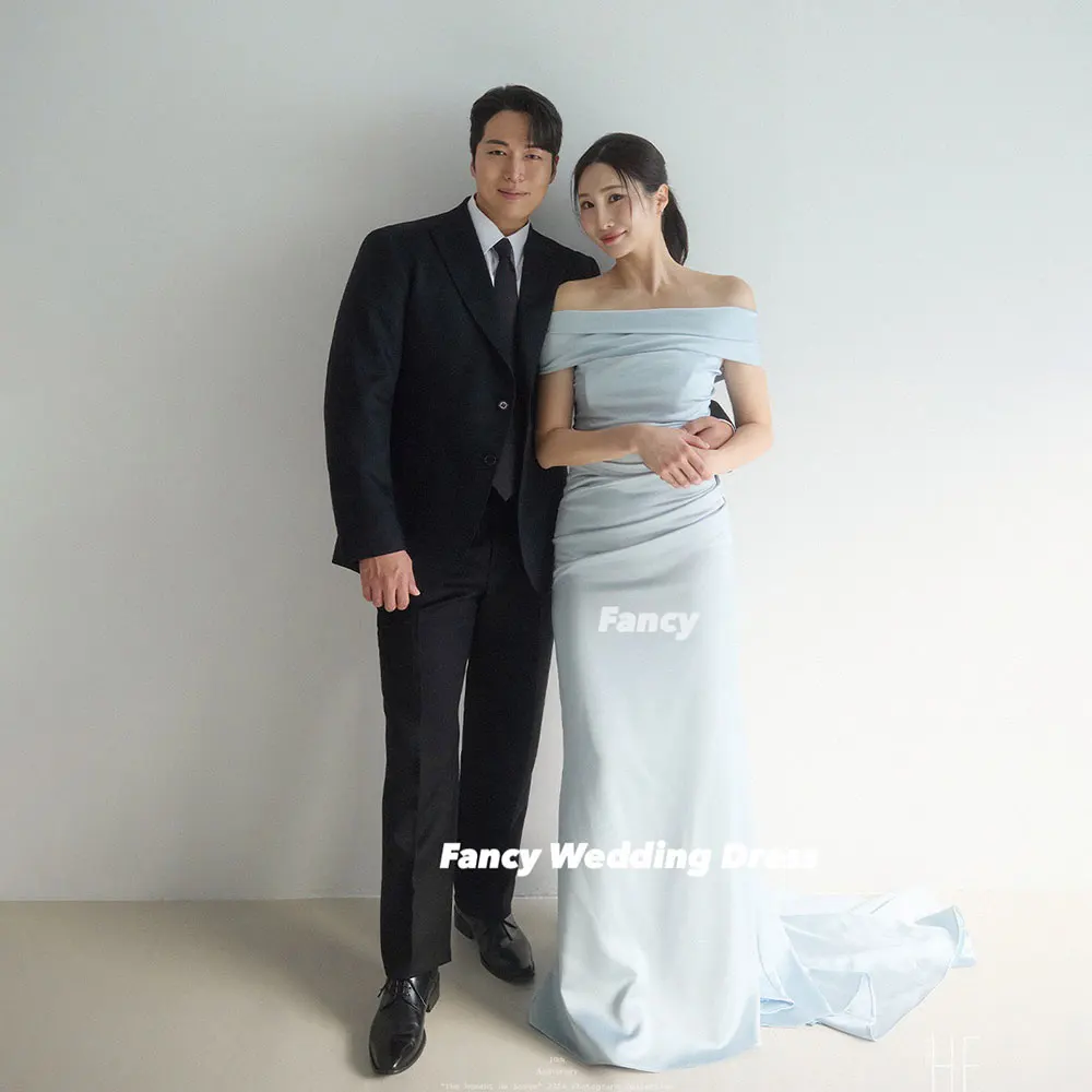 Fancy Simple Light Blue Korea Wedding Dress Photoshoot Mermaid Off Shoulder Evening Gown Back Corset 웨딩드레스 Customized