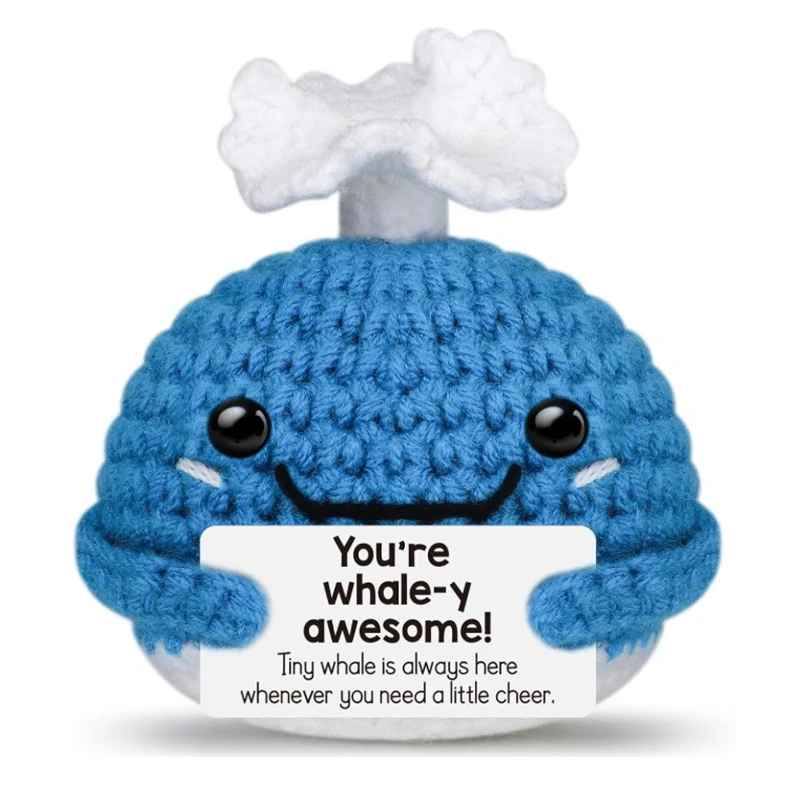 Funny Crochet Whale Dolls with Card Emotional Support Gifts Desktop Ornament Handmade Knitted Figurines Home Room Decorations