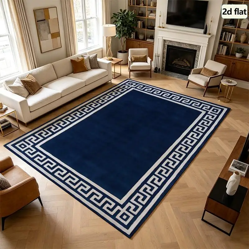 [2D Flat] 1PC Navy Blue Greek Key Border Area Rug Area Rug Cat Room Front Door Mat Spring Throw Rugs Washable Vintage Home Essentials Dining Room Bathroom Bedroom Porch