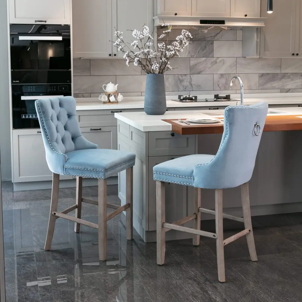 Contemporary Velvet Upholstered Bar Stools with Button Tufted Decoration Wooden Legs and Chrome Nailhead Trim Leisure Bar Chairs Counter Height Stools Set of 2 Light Blue Home Furniture for Kitchen