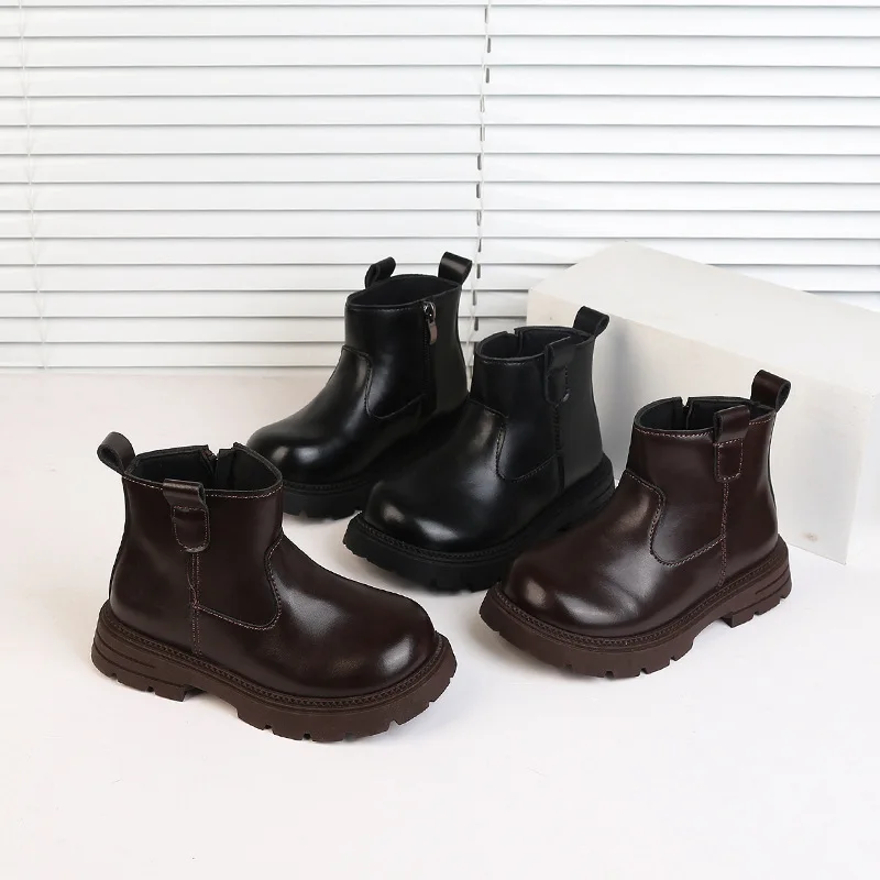 Kids' Boots Solid Color PU Leather Fashion Autumn Shoes For Children Anti-slip Thick Bottom Breathable Black Brown Size 26-37