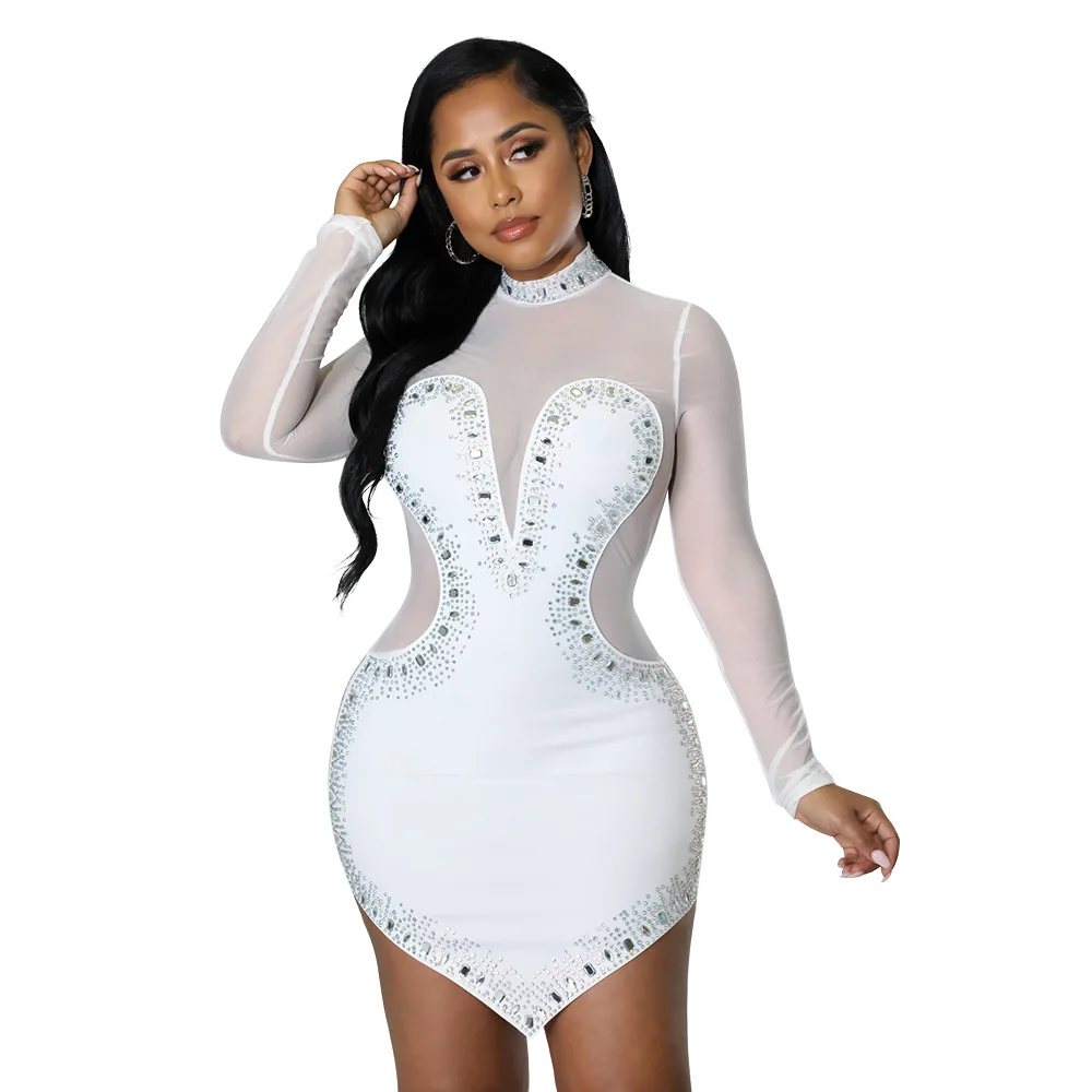 Sexy Party Prom Nightclub Club Banquet Hot Rhinestone Mesh See Through Long Sleeve Irregular Dresses