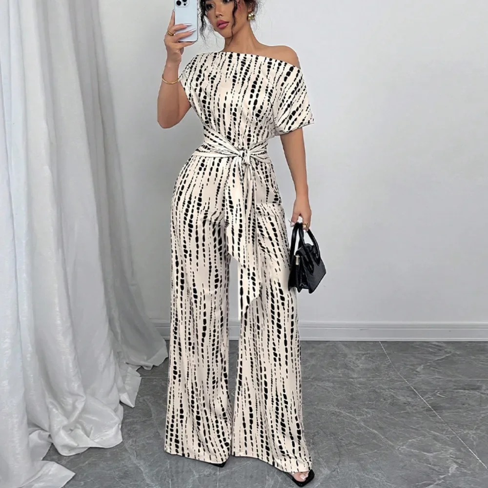 Women Summer Striped Jumpsuit Off Shoulder Tie Strap Wide Leg Long Romper Flowy Flattering Casual Vacation Streetwear