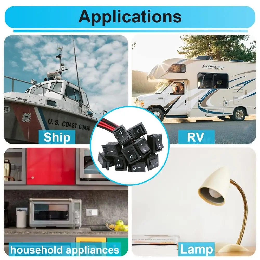 Saklar Rocker Bulat 2 Pin dengan Kabel Hitam 12 Volt DC Saklar Toggle ON-OFF Terminal 15CM Saklar On Off untuk Penggunaan RV