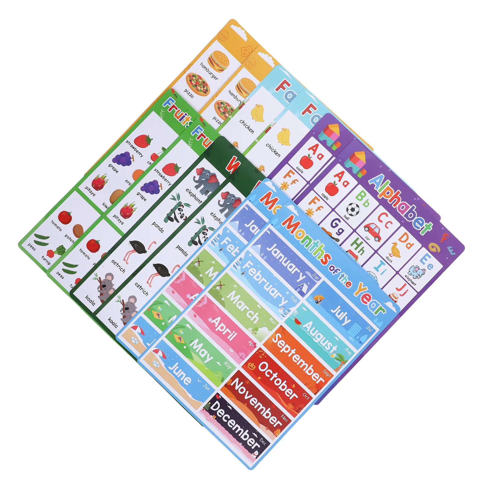 12Pcs Colorful Kids Learning Posters Educational Alphabet Animals Fruits Months Preschool Classroom Wall Decor Toddler Teaching