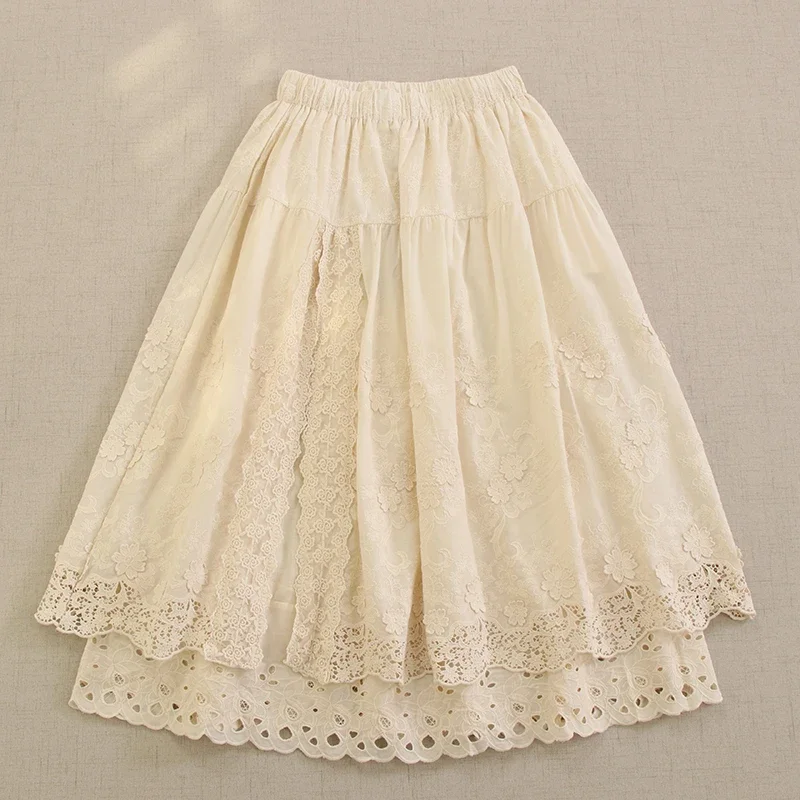 Spring Summer Sweet Lace Flower Embroidered Skirt Women Double Layer Side Split Elastic Waist Casual Loose Skirts