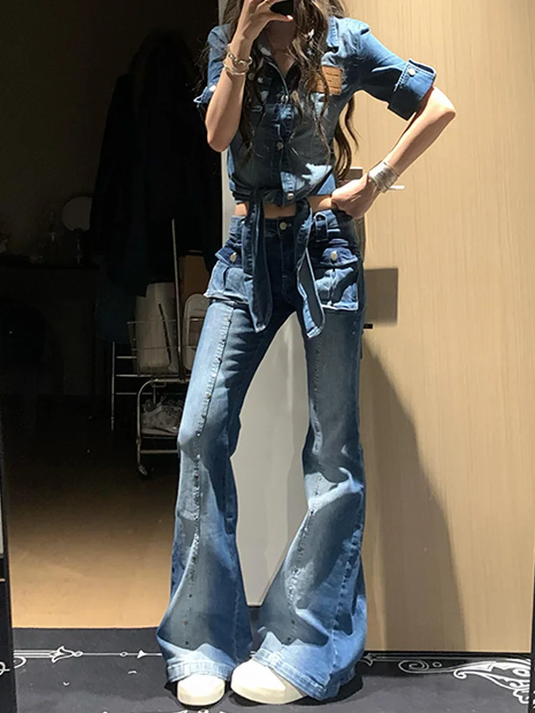 Retro American High Street Design Sensation Single Nail Rivet Jeans Women's Slimming Micro Flared Long Trousers